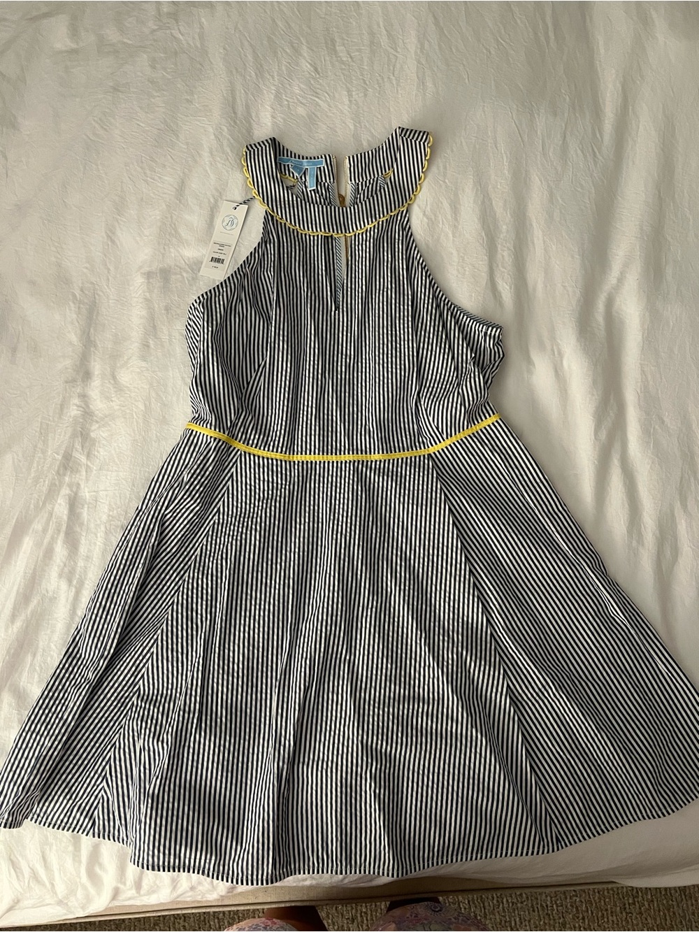 Draper James Women’s Navy and White Striped Dress with Yellow Trim